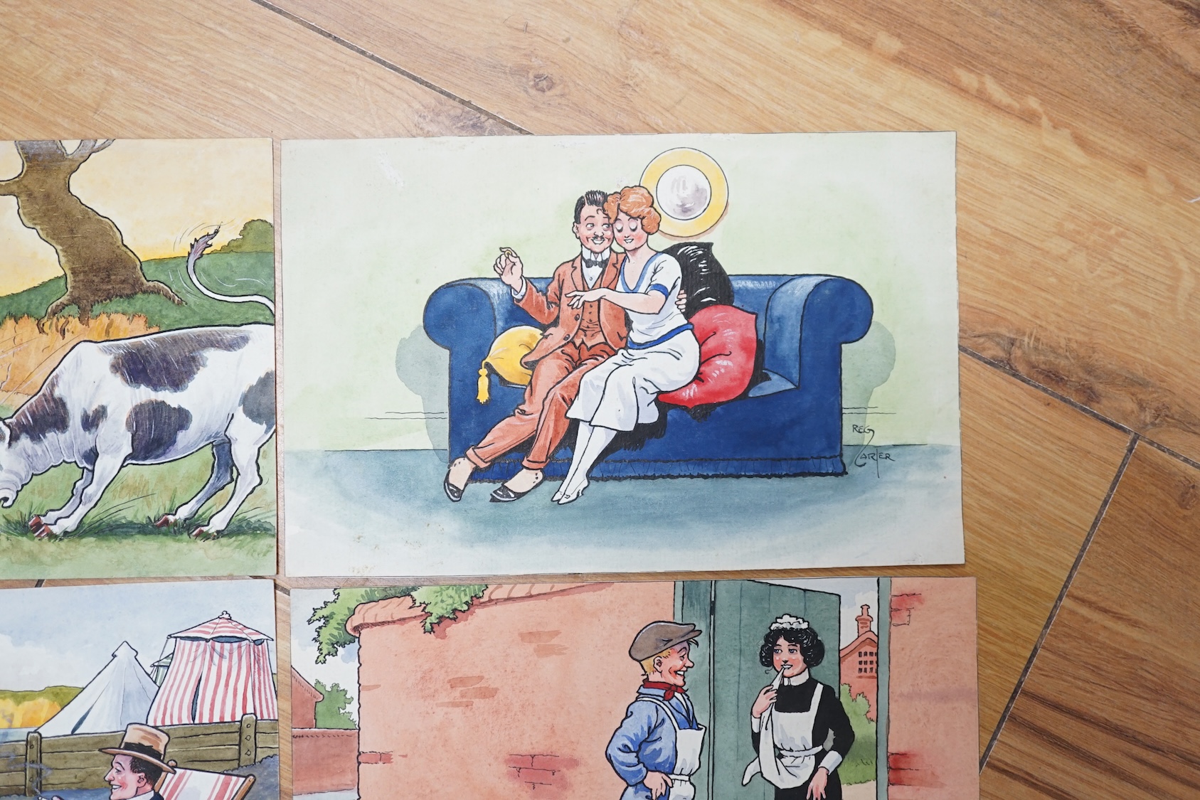 Reg Carter (1886-1949), set of six original watercolours for postcard designs, Humorous figures and scenes, each signed, largest 13 x 21cm, unframed. Condition - fair, some staining